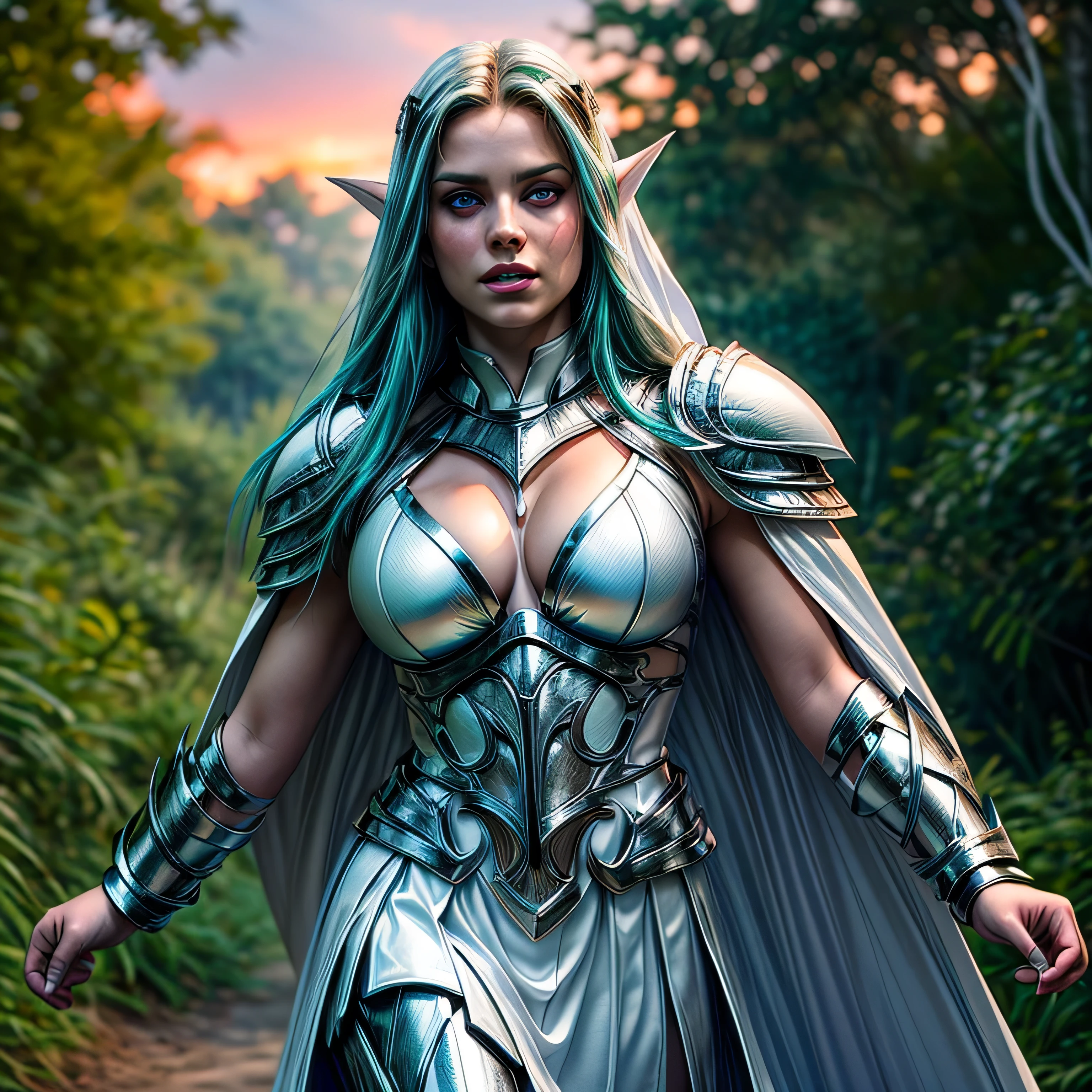 (masterpiece, photorealistic:1.4, extremely intricate:1.3), (photon mapping, radiosity, physically based rendering, ultra resolution, hyper-realistic, 8K), age supermodel twin braids, glowing eyes, tyrande, (((((white chrome armor, white cape, pauldrons)), running), [large breasts:medium breasts:0.3], [skin detail:freckles:0.8])), forest, background outdoor, flowers, glowing butterflies, bokeh, sunset, [aqua hair:blonde hair:0.8]
