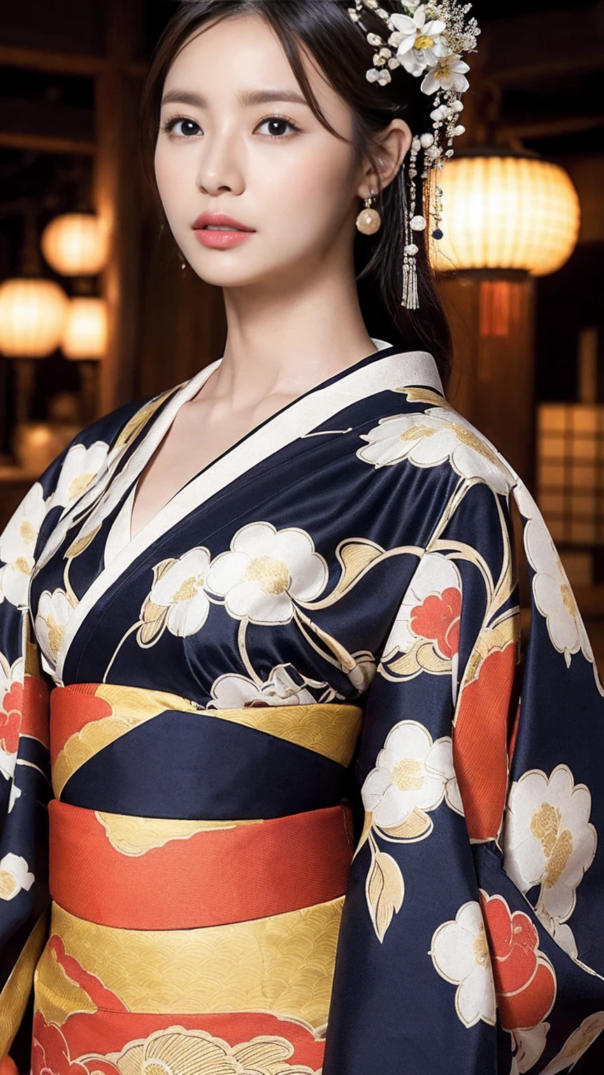 (masterpiece:1.2), Super detailed, Ultra-high resolution, (Realistic, photo Realistic:1.37), High-definition RAW color photos, Professional photos, Very delicate and beautiful, Very detailed, In detail, Large file size, Very detailed beautiful girl, Very detailed face, Very detailed eyes, Very detailed skin, Very detailed nose, Very detailed mouth, Perfect Anatomy, Very detailed背景, (Famous Japanese actresses:1.2), (Improve:1.1), (Flat Chest), Dynamic Lighting, whole body, (Flower pattern kimono:1.3), Black background, (Dynamic pose:1.5), (Oiran:1.2)