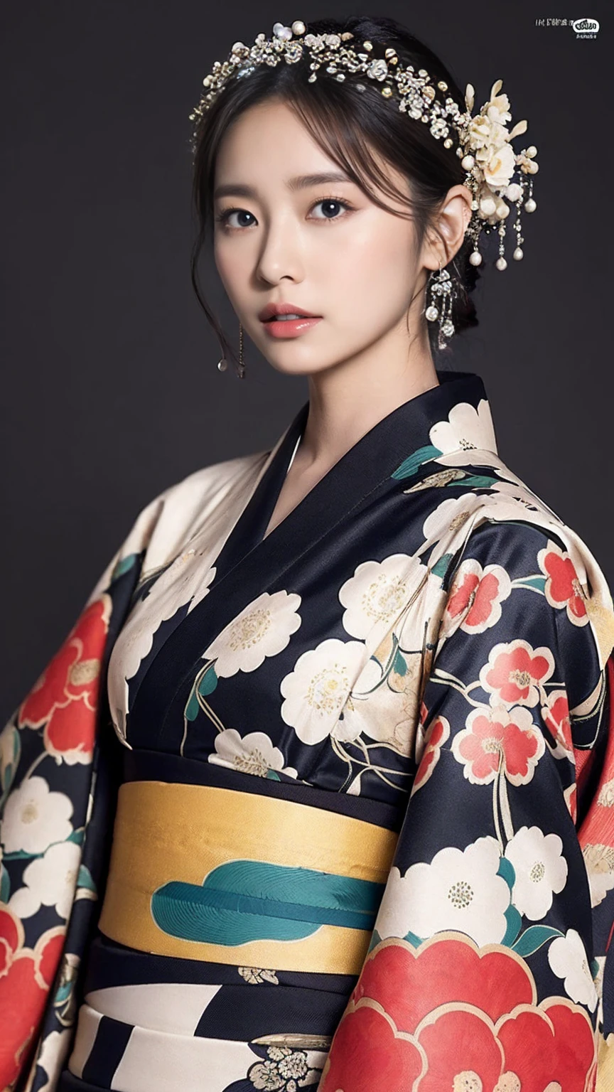 (masterpiece:1.2), Super detailed, Ultra-high resolution, (Realistic, photo Realistic:1.37), High-definition RAW color photos, Professional photos, Very delicate and beautiful, Very detailed, In detail, Large file size, Very detailed beautiful girl, Very detailed face, Very detailed eyes, Very detailed skin, Very detailed nose, Very detailed mouth, Perfect Anatomy, Very detailed背景, (Famous Japanese actresses:1.2), (Improve:1.1), (Flat Chest), Dynamic Lighting, whole body, (Flower pattern kimono:1.3), Black background, (Dynamic pose:1.5), (Oiran:1.2)