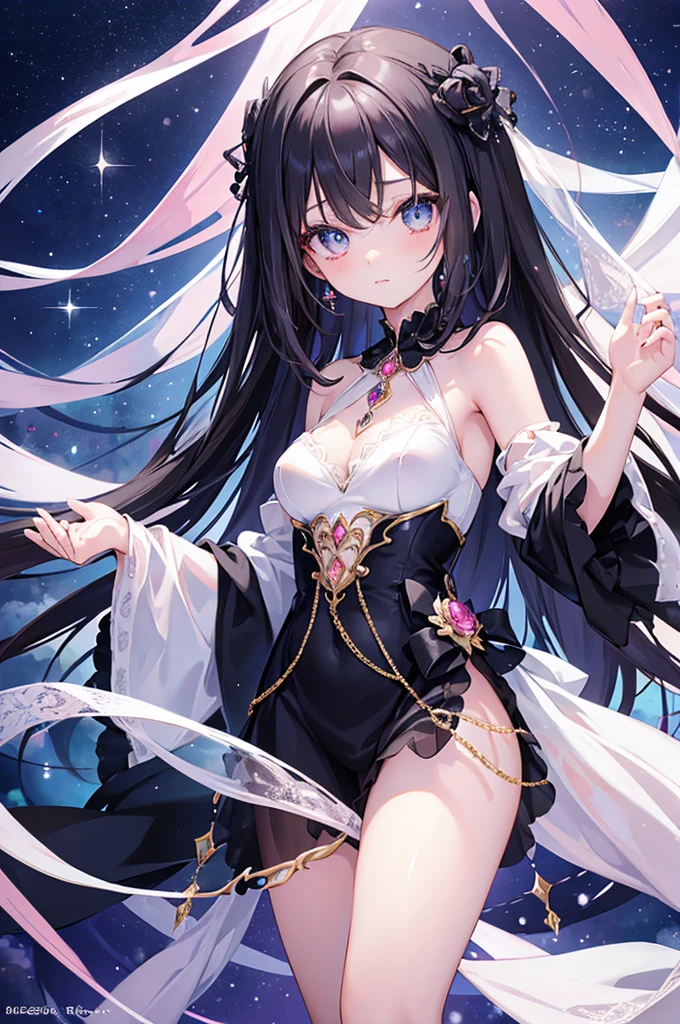 Charming anime girls captivate viewers with their ethereal beauty. A strand of black hair highlights her delicate features, she is wearing sparkling gemstones, her expressive eyes sparkle with emotion, she has a slender figure and fair skin. Digital painting brings this stunning character to life