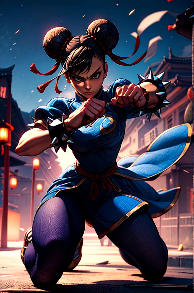 1girl, solo, full body, chun-li, dynamic posture, spike bracelet, black transparent pantyhose, fighting stance, chinese street, 　夜の街