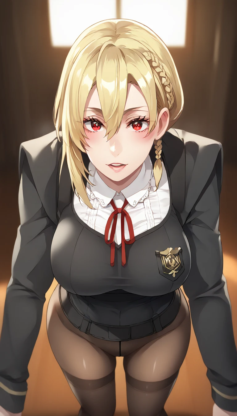 score_9, score_8_up, score_7_up, score_6_up, uncensored, angelica, blonde hair, braid, red eyes, BREAK (masterpiece:1.2), best quality, high resolution,(detailed eyes:1.3), perfect lighting,(perfect hands, perfect anatomy), large breasts, , miniskirt, pantyhose, dynamic pose