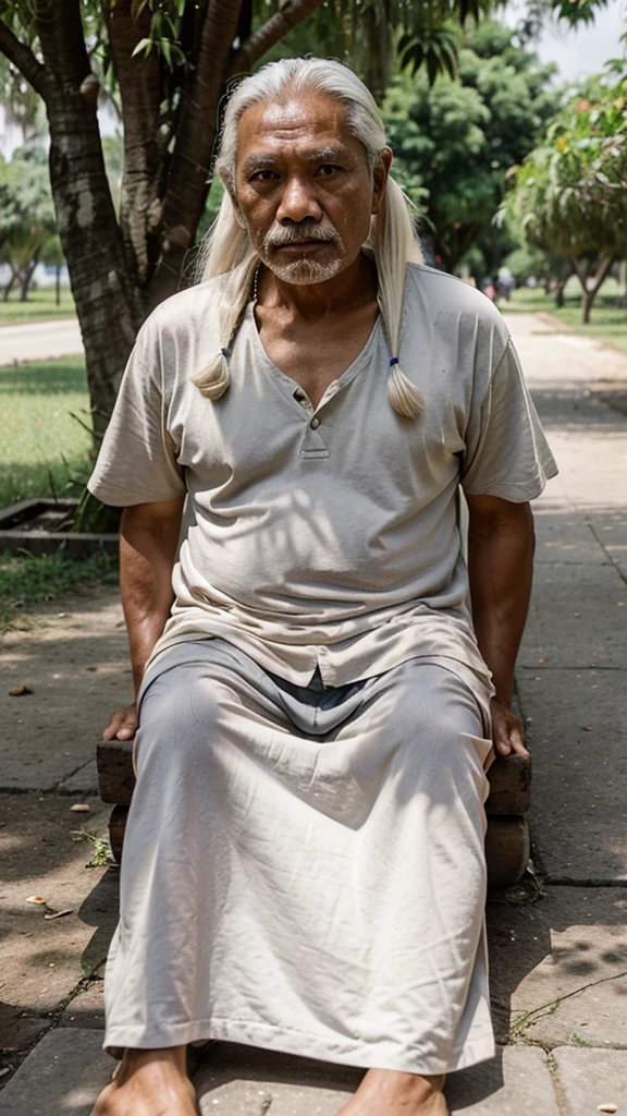 Old man from Indonesia aged 45 years, no mustache, no beard, long hair tied at the back, partly white hair, was sitting under a tree