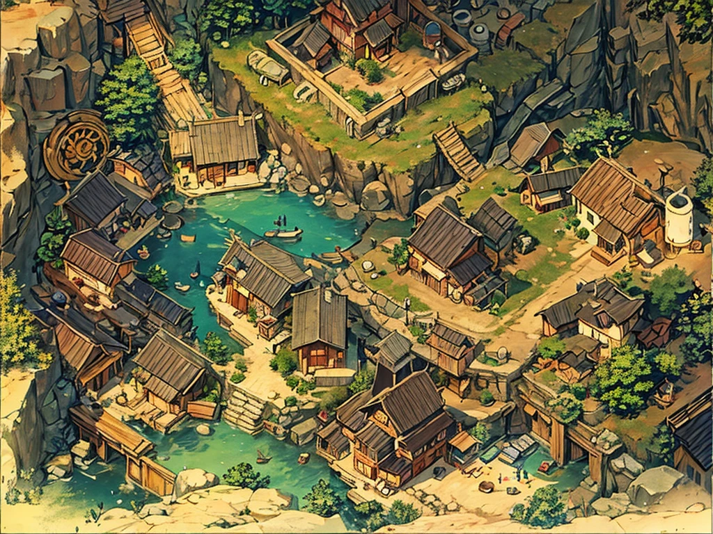 Great Slavic ((Ghibli)) A dream town on the hill, Thatched roof, Early Middle Ages, Village on the cliff, Crowded housing, Narrow passages, tight space, settlement, ((Ghibli风格))