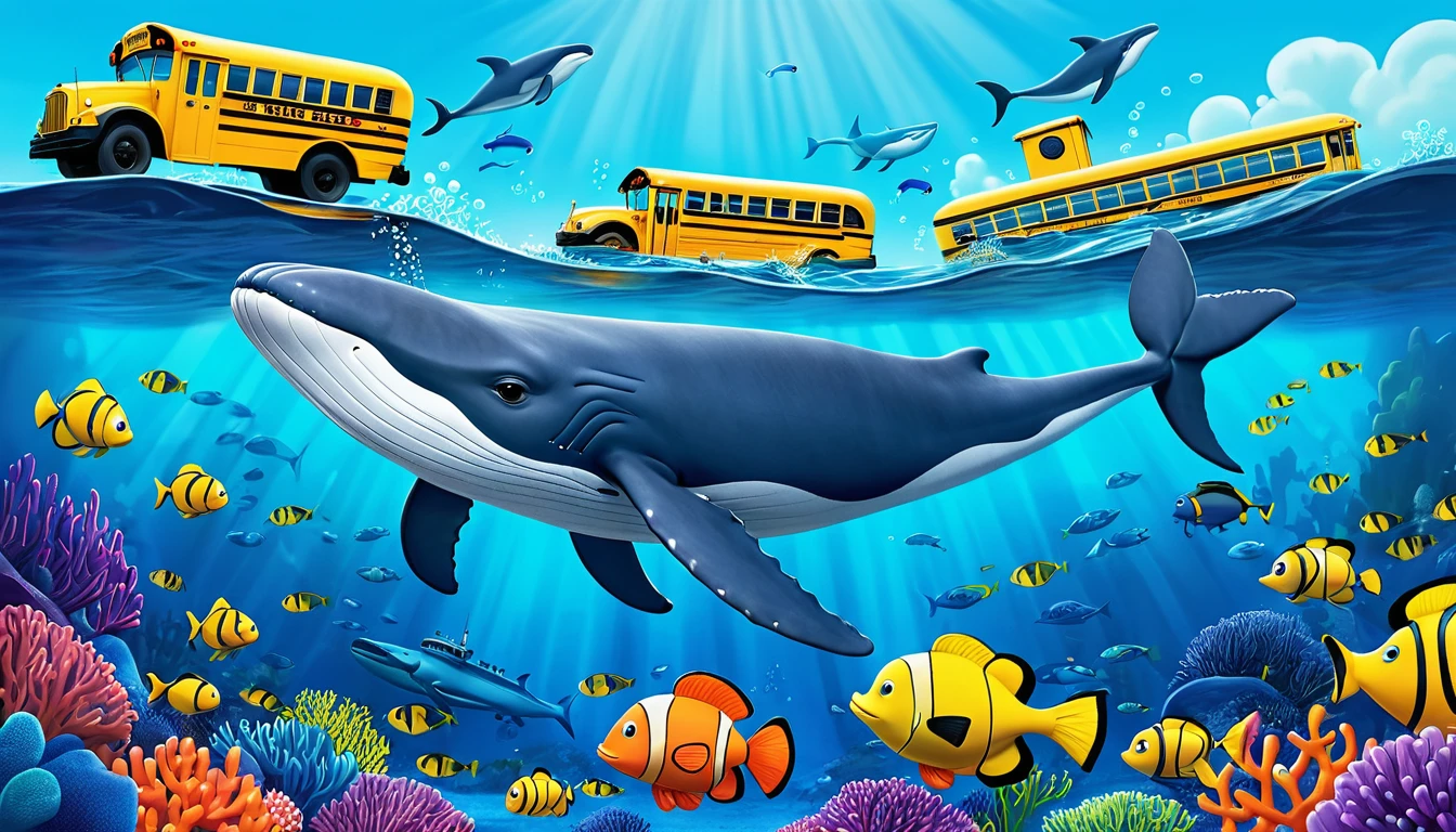 Create a 3-D Pixar style art scene for kids featuring a blue whale swimming beside three school buses for size comparison. The scene should be colorful and vibrant, with an ocean background, coral reefs, and schools of fish. The overall mood should be engaging and inviting for young children.