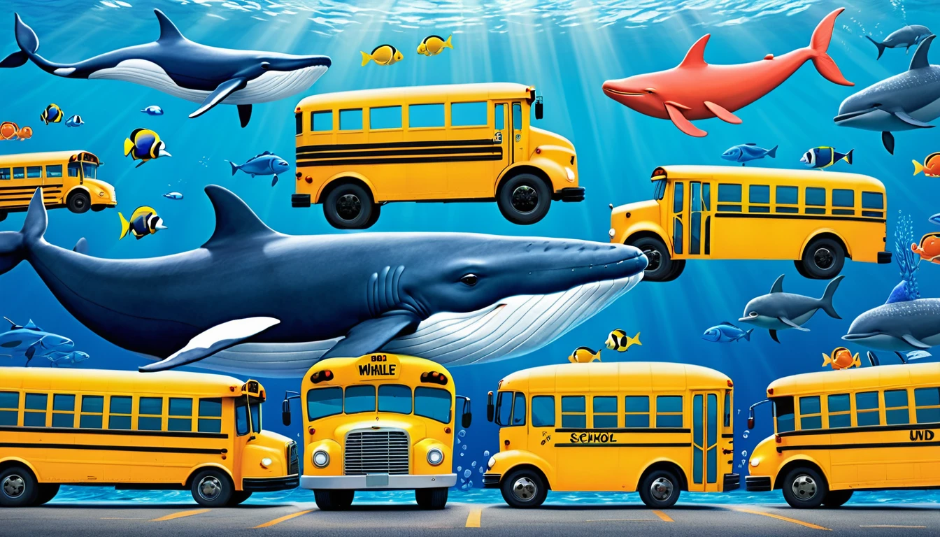 Create a 3-D Pixar style art scene for kids featuring a blue whale swimming beside three school buses for size comparison. The scene should be colorful and vibrant, with an ocean background, coral reefs, and schools of fish. The overall mood should be engaging and inviting for young children.