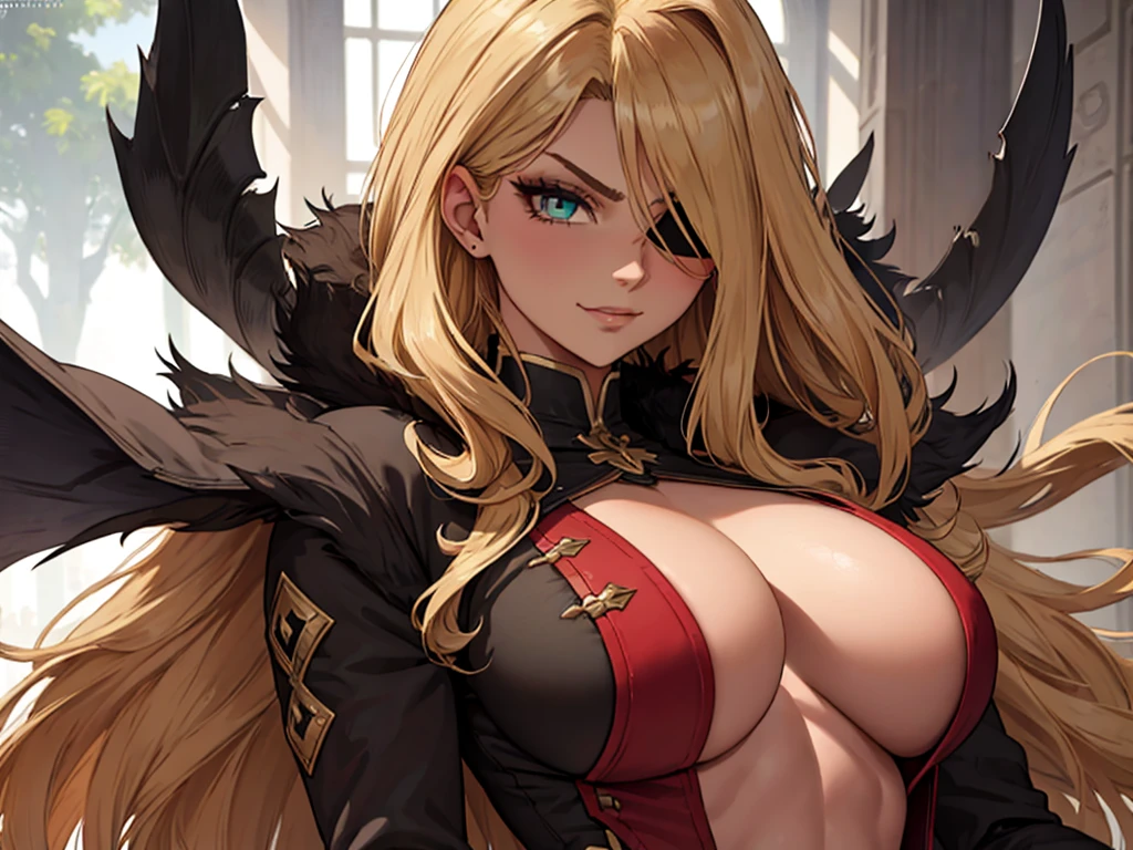((masterpiece)), ((best quality)), 1girl, adult, long hair, ((blonde hair)), very long blonde hair, ((intimidant look)), ((close-up)), profile image, green eyes, black and red clothes, sexy, dark colors, brillant eyes, ((coat with fur)), ((wavy hair)), exposed skin, ((sexy pose)), ((intimidant look)), good anatomy, ((dark sage clothes)), ((straight cut bangs)), emotionless, intimidant, ((beautiful eyes)), close up, ((detailed eyes)), beautiful eyes, ((detailed face)), hair bang, frontal look, evil, relaxed, smile, magical goddess othinus, detailed face, eyepatch, full body, ((detailed))