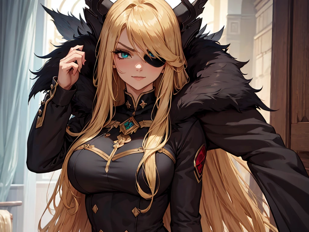 ((masterpiece)), ((best quality)), 1girl, adult, long hair, ((blonde hair)), very long blonde hair, ((intimidant look)), ((close-up)), profile image, green eyes, black and red clothes, sexy, dark colors, brillant eyes, ((coat with fur)), ((wavy hair)), exposed skin, ((sexy pose)), ((intimidant look)), good anatomy, ((dark sage clothes)), ((straight cut bangs)), emotionless, intimidant, ((beautiful eyes)), close up, ((detailed eyes)), beautiful eyes, ((detailed face)), hair bang, frontal look, evil, relaxed, smile, magical goddess othinus, detailed face, eyepatch, full body, ((detailed))