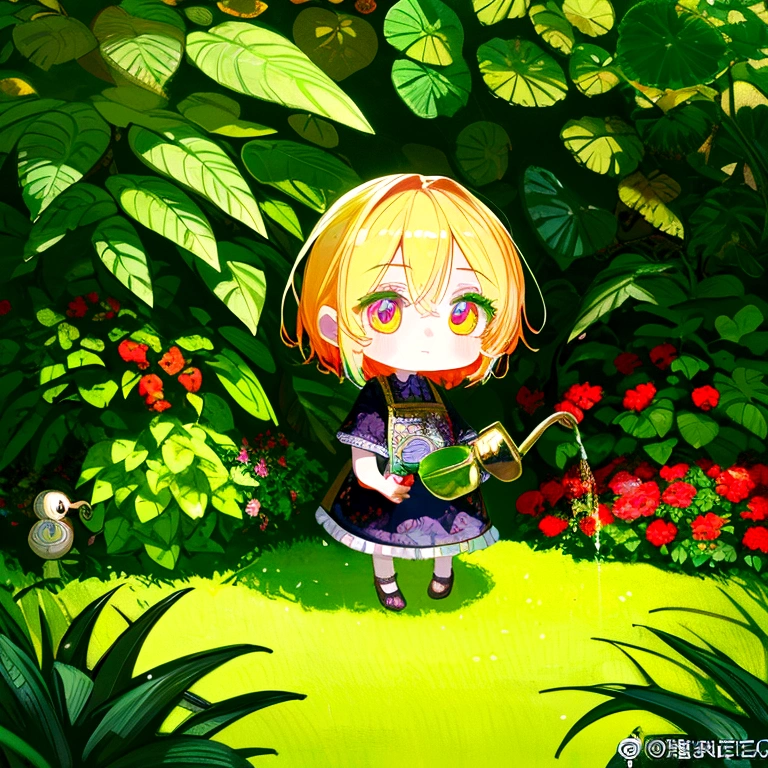 chibi, zombie, watering can, plants, wide shot, full body, detailed portrait, beautiful detailed eyes, extremely detailed face, colorful garden, vibrant colors, warm lighting, digital painting, 8k, hyperrealistic, cinematic, intricate details, masterpiece, anime screencap, 