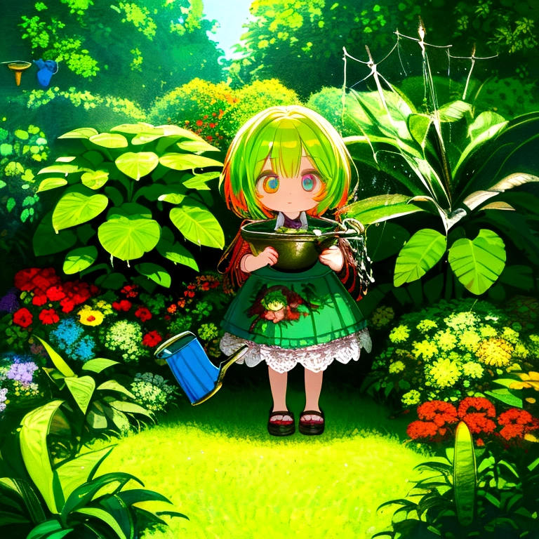 chibi, zombie, watering can, plants, wide shot, full body, detailed portrait, beautiful detailed eyes, extremely detailed face, colorful garden, vibrant colors, warm lighting, digital painting, 8k, hyperrealistic, cinematic, intricate details, masterpiece, anime screencap, 