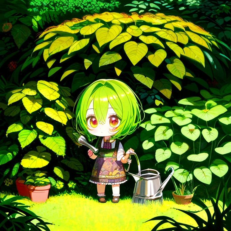 chibi, zombie, watering can, plants, wide shot, full body, detailed portrait, beautiful detailed eyes, extremely detailed face, colorful garden, vibrant colors, warm lighting, digital painting, 8k, hyperrealistic, cinematic, intricate details, masterpiece, anime screencap, 