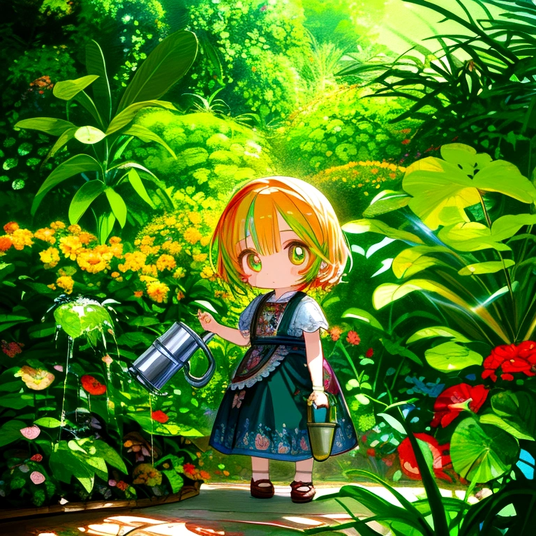 chibi, zombie, watering can, plants, wide shot, full body, detailed portrait, beautiful detailed eyes, extremely detailed face, colorful garden, vibrant colors, warm lighting, digital painting, 8k, hyperrealistic, cinematic, intricate details, masterpiece, anime screencap, 