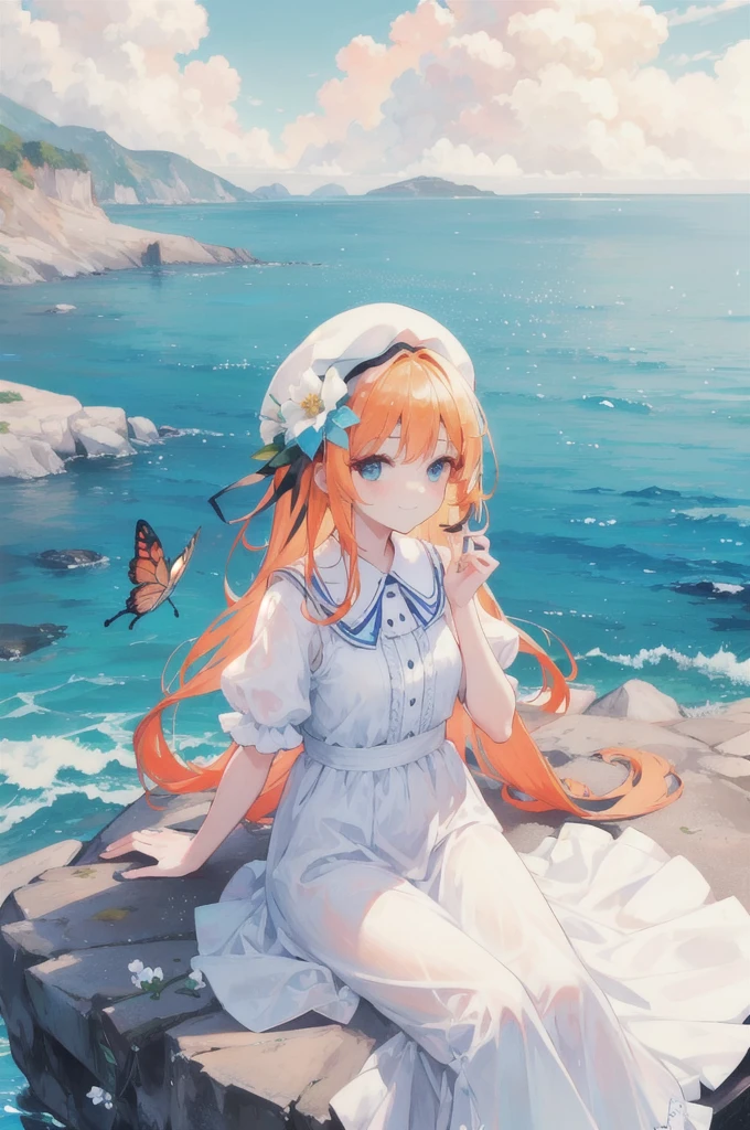 1girl, outdoors, solo, flower, blue eyes, long hair, looking at viewer, long dress,hat, ocean, dress, sitting, white flower, sky, bug, hat flower, day, bangs, butterfly, water, long sleeves, blue sky, rock, cloud, orange dress, blonde hair, horizon, orange headwear, hair ornament, closed mouth, smile, hair flower, short sleeves, looking to the side, bird, scenery, mountainous horizon, red headwear, white dress