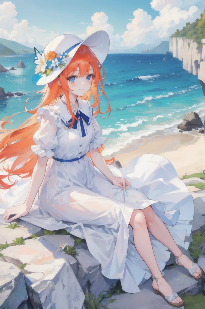 1girl, outdoors, solo, flower, blue eyes, long hair, looking at viewer, long dress，hat, ocean, dress, sitting, white flower, sky, bug, hat flower, day, bangs, butterfly, water, long sleeves, blue sky, rock, cloud, orange dress, blonde hair, horizon, orange headwear, hair ornament, closed mouth, smile, hair flower, short sleeves, looking to the side, bird, scenery, mountainous horizon, red headwear, white dress