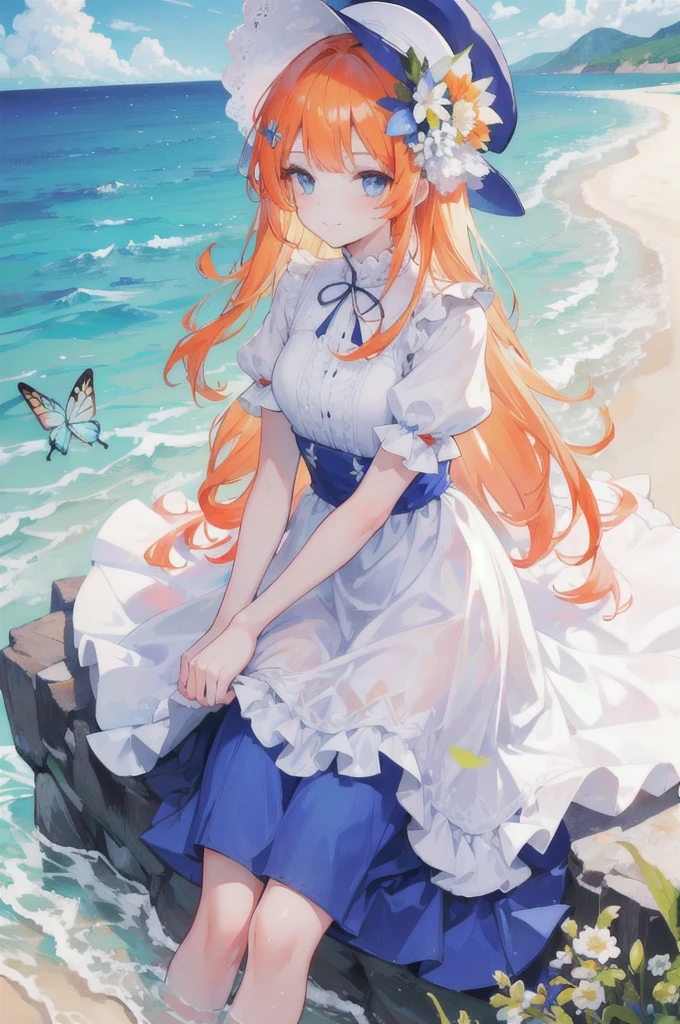 1girl, outdoors, solo, flower, blue eyes, long hair, looking at viewer, long dress,hat, ocean, dress, sitting, white flower, sky, bug, hat flower, day, bangs, butterfly, water, long sleeves, blue sky, rock, cloud, orange dress, blonde hair, horizon, orange headwear, hair ornament, closed mouth, smile, hair flower, short sleeves, looking to the side, bird, scenery, mountainous horizon, red headwear, white dress