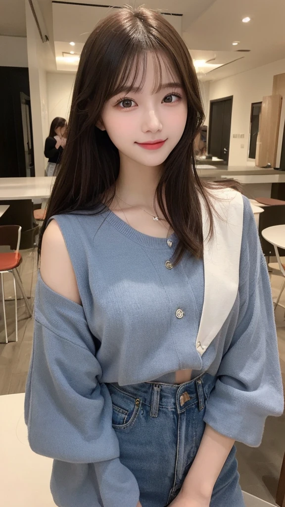 Tabletop, Highest quality, shape, Very detailed, finely, High resolution, 16K, Perfect dynamic composition, Straight hair, Medium Hair, Brown Hair,Natural color lip, smile, 20歳のgirl、cute、beautiful、完璧でbeautiful顔, beautiful , Slim face and body, Elegant face, KPOP idol faces、Japanese idol faces、Small face、Big eyes, Brown eyes, Droopy eyes, 緻密でbeautiful目, girl, Front face, Upper Body, Random outfit