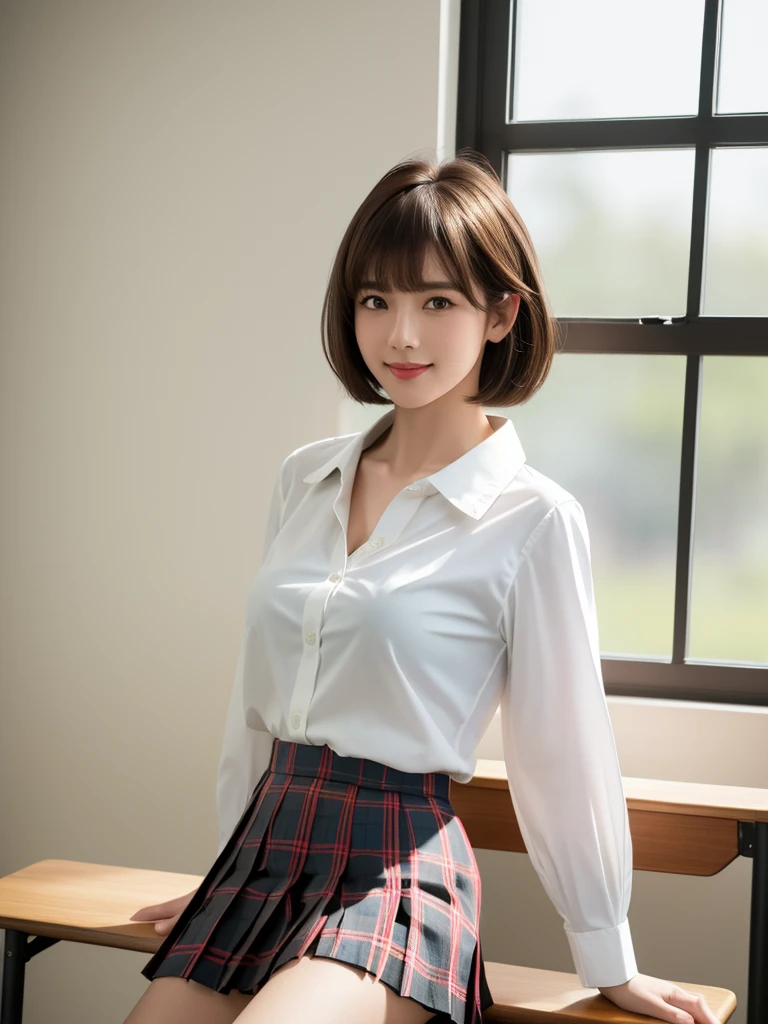 1girl, Chinese girl, solo, facing viewer, smile, 8k, masterpiece, (((short brown hair, bangs))), (((white shirt with collar))), short sleeves, unbuttoned, ((pleated tartan skirt)), posing for a picture, highly detailed face and skin texture, detailed eyes, realistic, daytime, high resolution, 8k, medium breast, cleavage: 1.2, classroom, table, chair, blackboard, class, window, 8k, cowboy shot