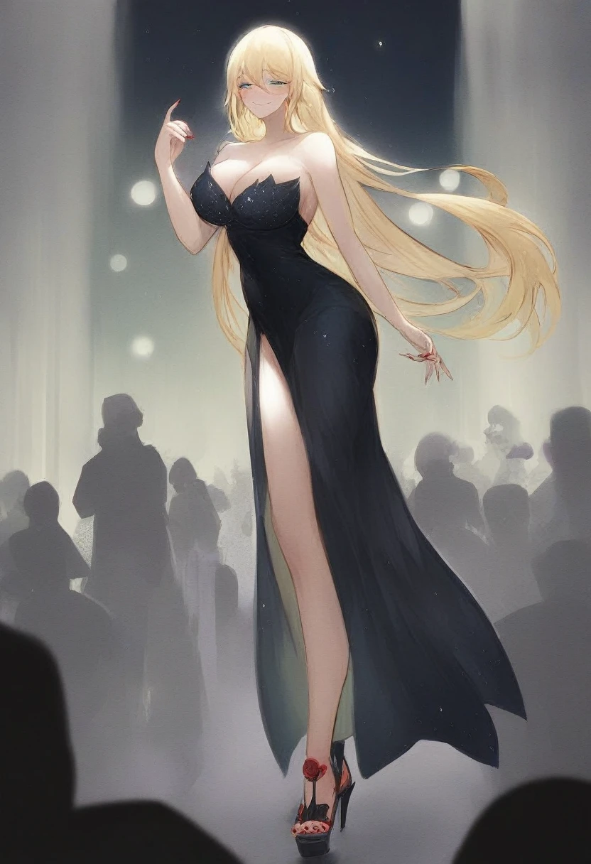 solo, long blonde hair, smug expression, half lidded eyes, fair skin, blue right eye, green left eye, prominent blush, long bangs, (Masterpiece), lustrous black dress, wide hips, wide shoulders, big breasts, cleavlage, big ass, open toe heels, red painted toenails, red painted nails, tall girl, size difference, crowd, ballad, ethereal, score_10