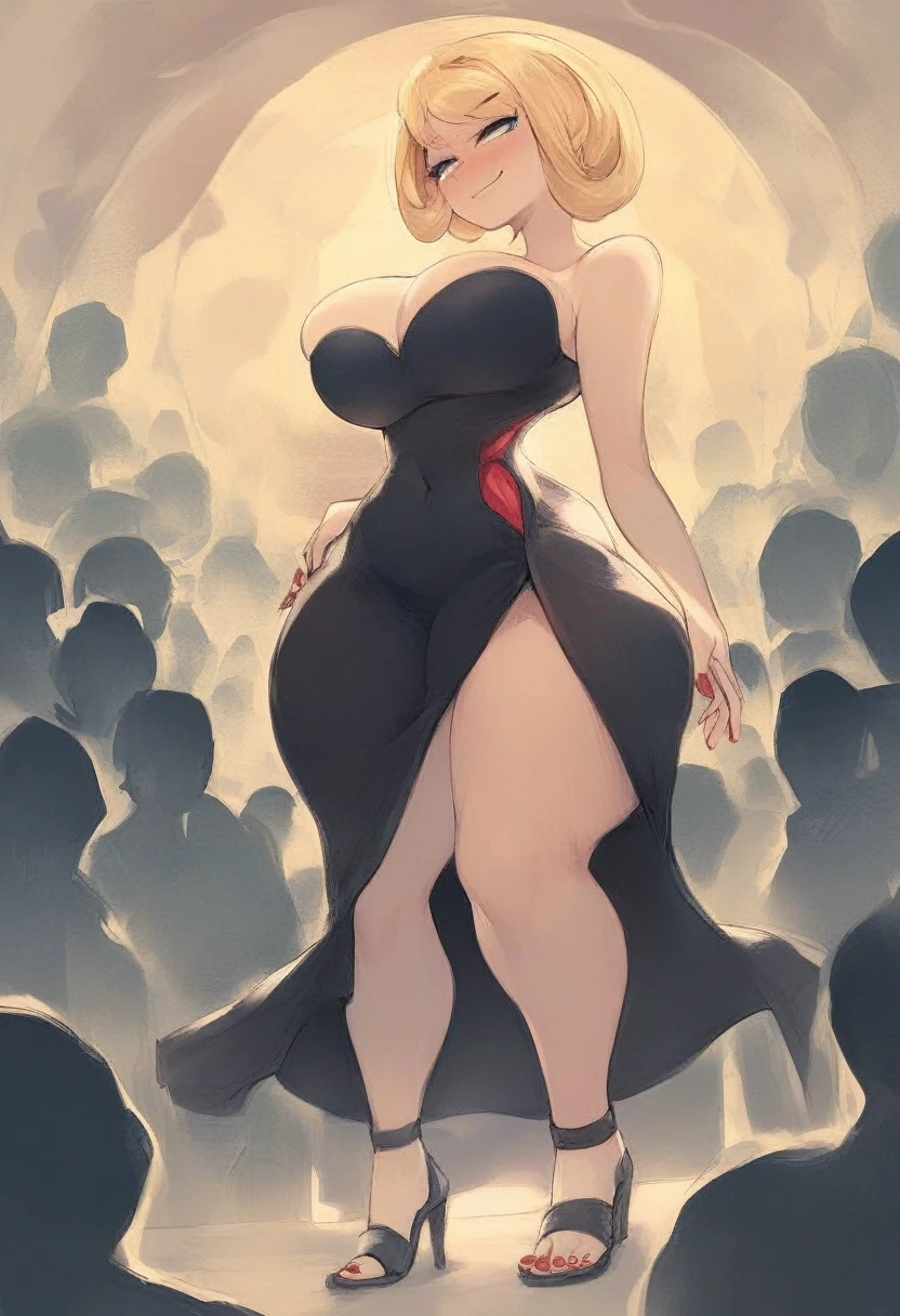 solo, long blonde hair, smug expression, half lidded eyes, fair skin, blue right eye, green left eye, prominent blush, long bangs, (Masterpiece), rous black dress, wide hips, wide shoulders, big eavlage, big ass, open toe hs, red painted toenails, red painted nails, tall girl, size difference, crowd, ballad, ethereal, score_10