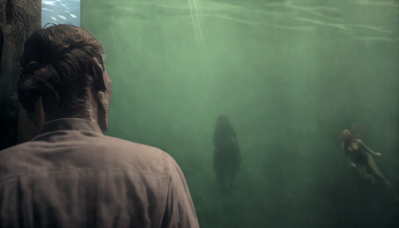 there is a man standing in front of a mirror looking at himself, shot from cinematic, side profile in underwater, closeup cinematic aquatic scene, cinematic film still, photo still of behind view, a still of an ethereal, cinematic body shot, in a underwater horror scene, cinematic movie shot, 4 k film still, in a movie still cinematic, making of
