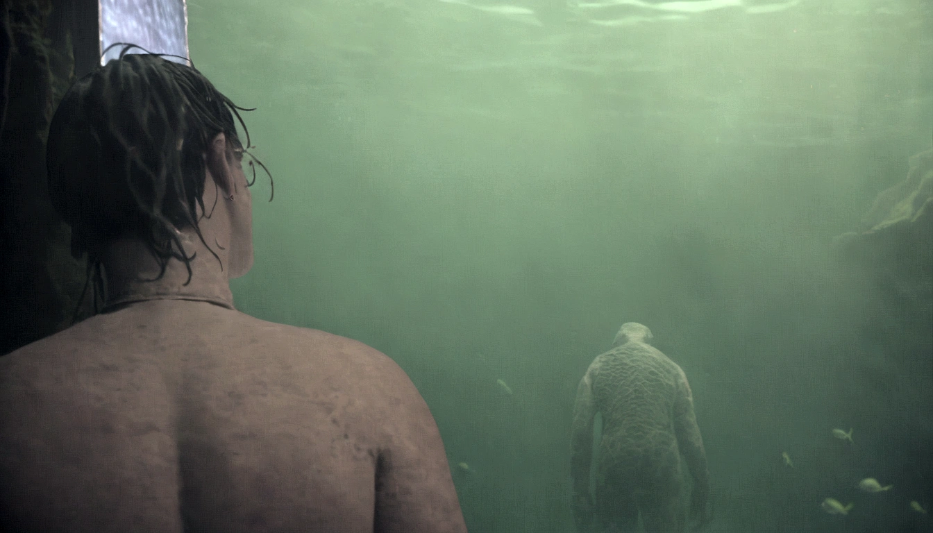 there is a man standing in front of a mirror looking at himself, shot from cinematic, side profile in underwater, closeup cinematic aquatic scene, cinematic film still, photo still of behind view, a still of an ethereal, cinematic body shot, in a underwater horror scene, cinematic movie shot, 4 k film still, in a movie still cinematic, making of