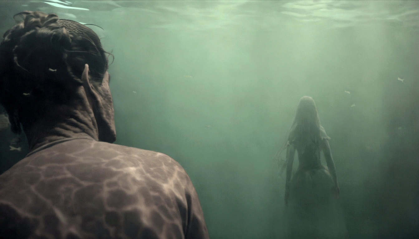 there is a man standing in front of a mirror looking at himself, shot from cinematic, side profile in underwater, closeup cinematic aquatic scene, cinematic film still, photo still of behind view, a still of an ethereal, cinematic body shot, in a underwater horror scene, cinematic movie shot, 4 k film still, in a movie still cinematic, making of