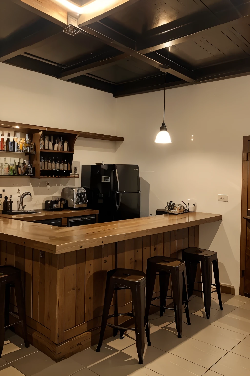 
Create an image of a 3 meter wide cafe and bar counter 2.30 high in a country location with refrigerator on the left side and espresso machine on the right side, with electric lighting, without seats 