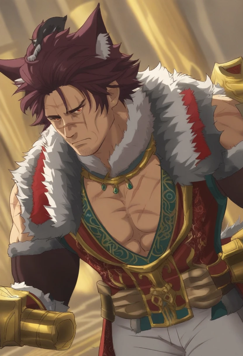 {{portrait, dutch angle}} {{Artist: Sincos}} 1male, solo, toned male, mature male, scar across nose, horizontal scar, maroon hair, short hair, large, broad, muscular, bare-chested, vest, fur collar, Sett, League of Legends, eastern fantasy, white pants with gold, brass knuckles, cat ears, cat ears on head, maroon cat ears, tall, amber eyes