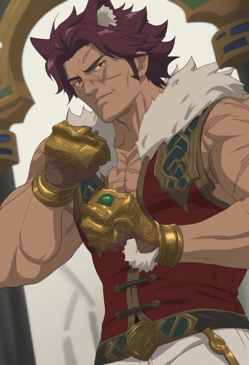 {{portrait, dutch angle}} {{Artist: Sincos}} 1male, solo, toned male, male, scar across nose, horizontal scar, maroon hair, short hair, large, broad, muscular, bare-chested, vest, fur collar, Sett, League of Legends, eastern fantasy, white pants with gold, brass knuckles, cat ears, cat ears on head, maroon cat ears, tall, amber eyes