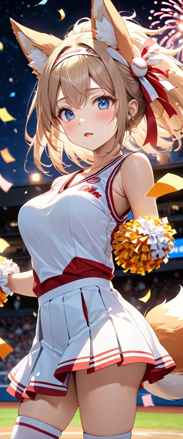 Highest quality, Super quality, 16K, Incredibly absurd, Very detailed, 2.5D, delicate and dynamic, baseball Ground, stand, Colorful Stage, Tiny faint lights and flying confetti, night, Starry Sky, firework, Electronic bulletin board, , , Small face, Extremely delicate facial expression, Delicate eye depiction, Upper body close-up, erotic, sole sexy lady, healthy shaped body, 22 years old lady, Cheerleader, 170cm tall, huge firm bouncing busts, Fox Costume, A complex costume, Fox-eared headband, Fox tail on the ass, long socks, sports shoes, support, cheer leading, Fox Dance, Raise your right leg