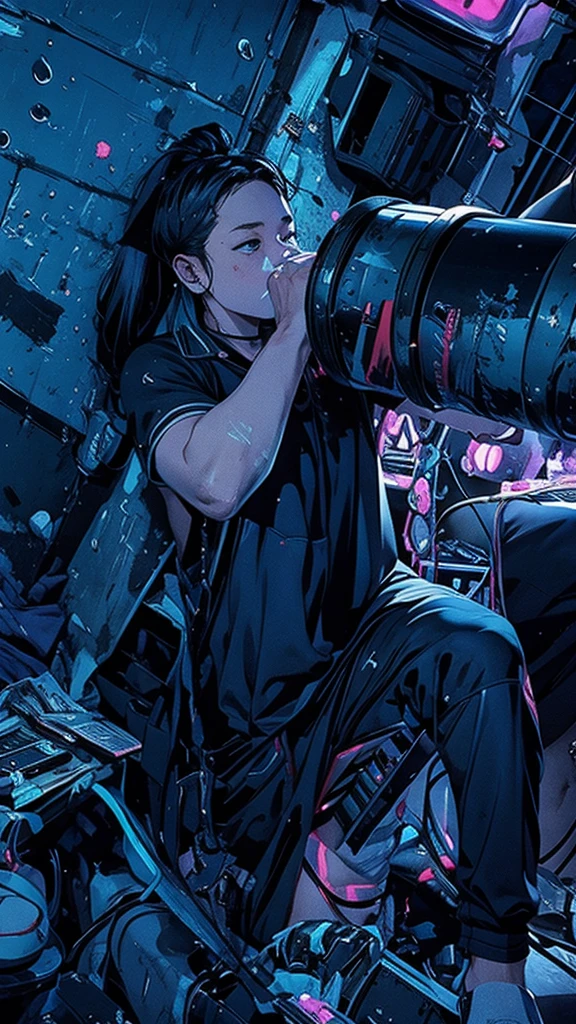 Cyberpunk style messy room. A strong man holding a huge bucket of water to drink,More neon. Many machines of unknown purpose. Large windows create an open feel. it's sunny outside. Hatsune Miku sitting on a chair..