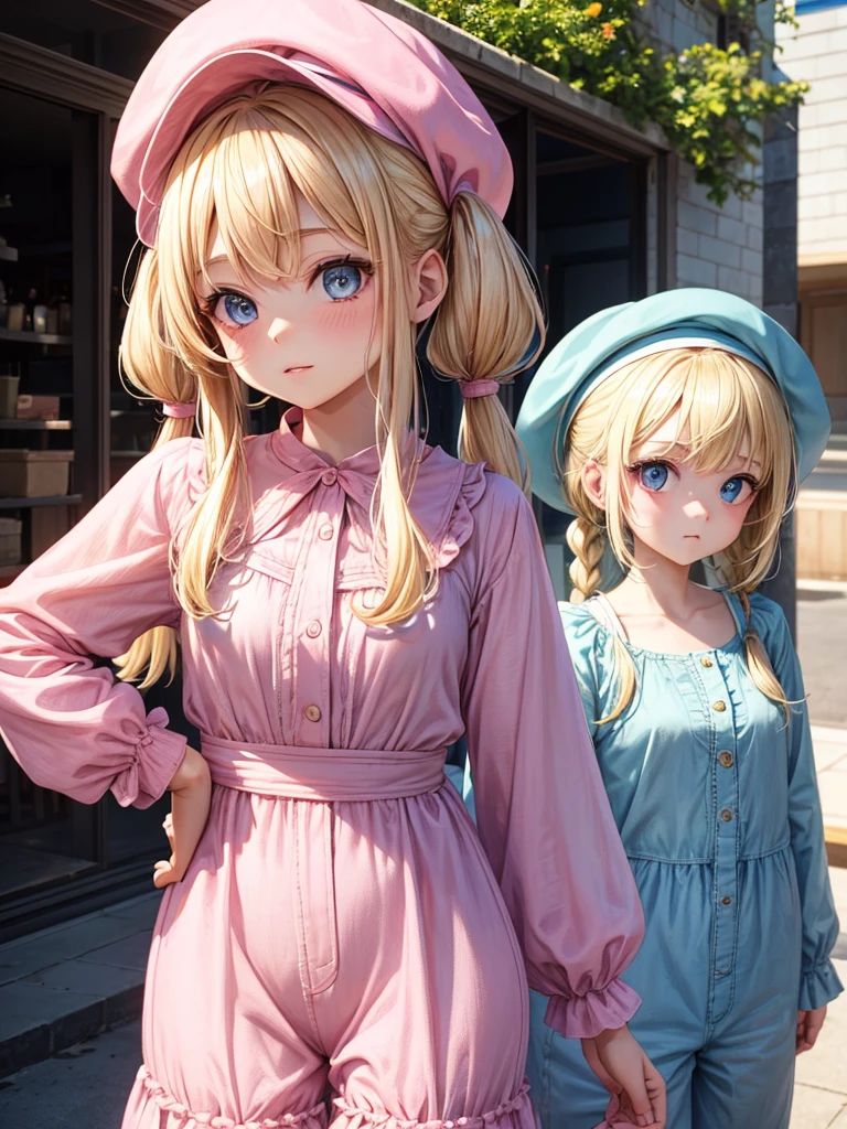 an adult girl, blond hair, two low blonde pigtails, blue eyes, pink jumpsuit dress, a pink hat on her head
