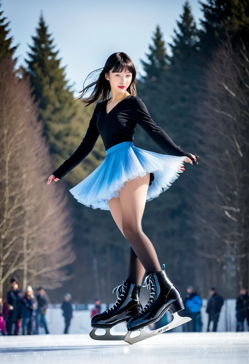 Sublime patineuse sur glace à talons hauts, femme 30ans heureuse et rayonnante, (métisse sino-japonaise)，vêtements noirs，jupe courte noir，Talons extra-hauts noirs，sublime, remarquable, Super Beau，ajuster，Abdos minces，cheveux longs，grande taille，Beau，tir de tout le corps，Clothes are slim-ajusterting，lignes douces，La courbe est évidente，Longues jambes，jambes fines，Porter une queue de cheval haute et longue，tresser，pause dynamique, sur une patinoire en extérieur,  magnifique ciel ensoleillé en hiver 