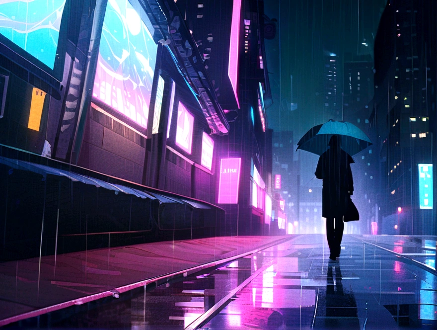 Man walking without umbrella on rainy city rain background