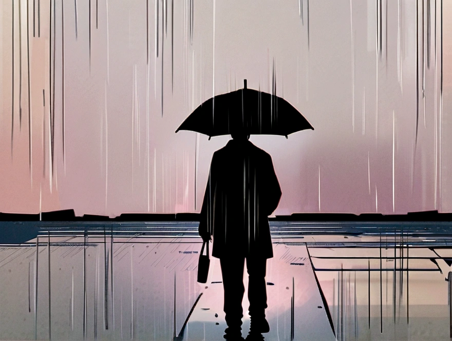 Man walking without umbrella on rainy city rain background