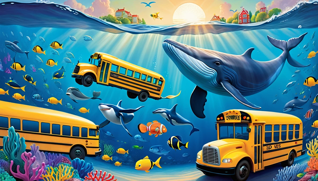 Create a 3-D Pixar style art scene for s featuring a blue whale swimming beside three school buses for size comparison. The scene should be colorful and vibrant, with an ocean background, coral reefs, and schools of fish. The overall mood should be engaging and inviting for young chi.