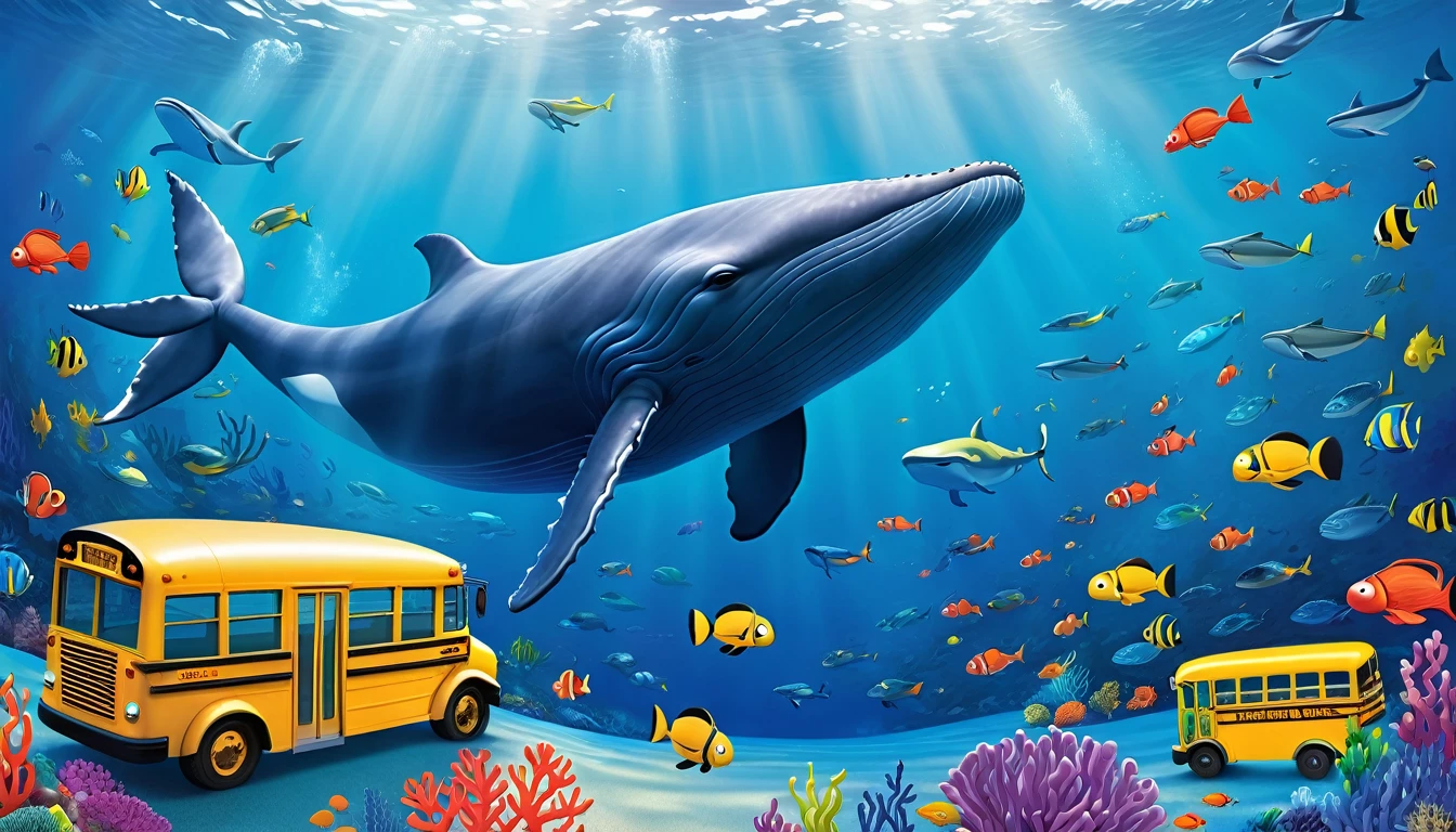 Create a 3-D Pixar style art scene for kids featuring a blue whale swimming beside three school buses for size comparison. The scene should be colorful and vibrant, with an ocean background, coral reefs, and schools of fish. The overall mood should be engaging and inviting for young children.