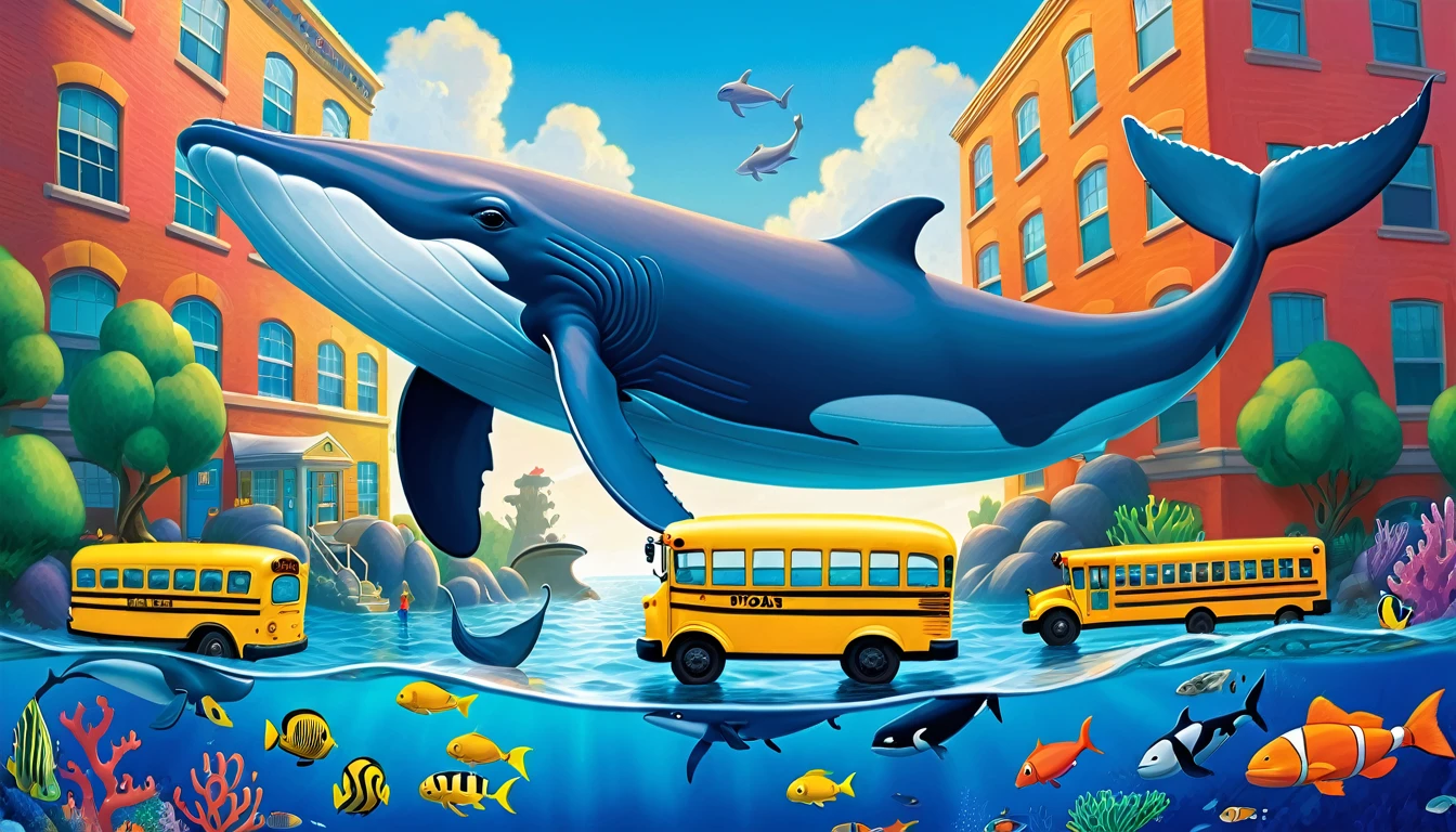 Create a 3-D Pixar style art scene for kids featuring a blue whale swimming beside three school buses for size comparison. The scene should be colorful and vibrant, with an ocean background, coral reefs, and schools of fish. The overall mood should be engaging and inviting for young children.