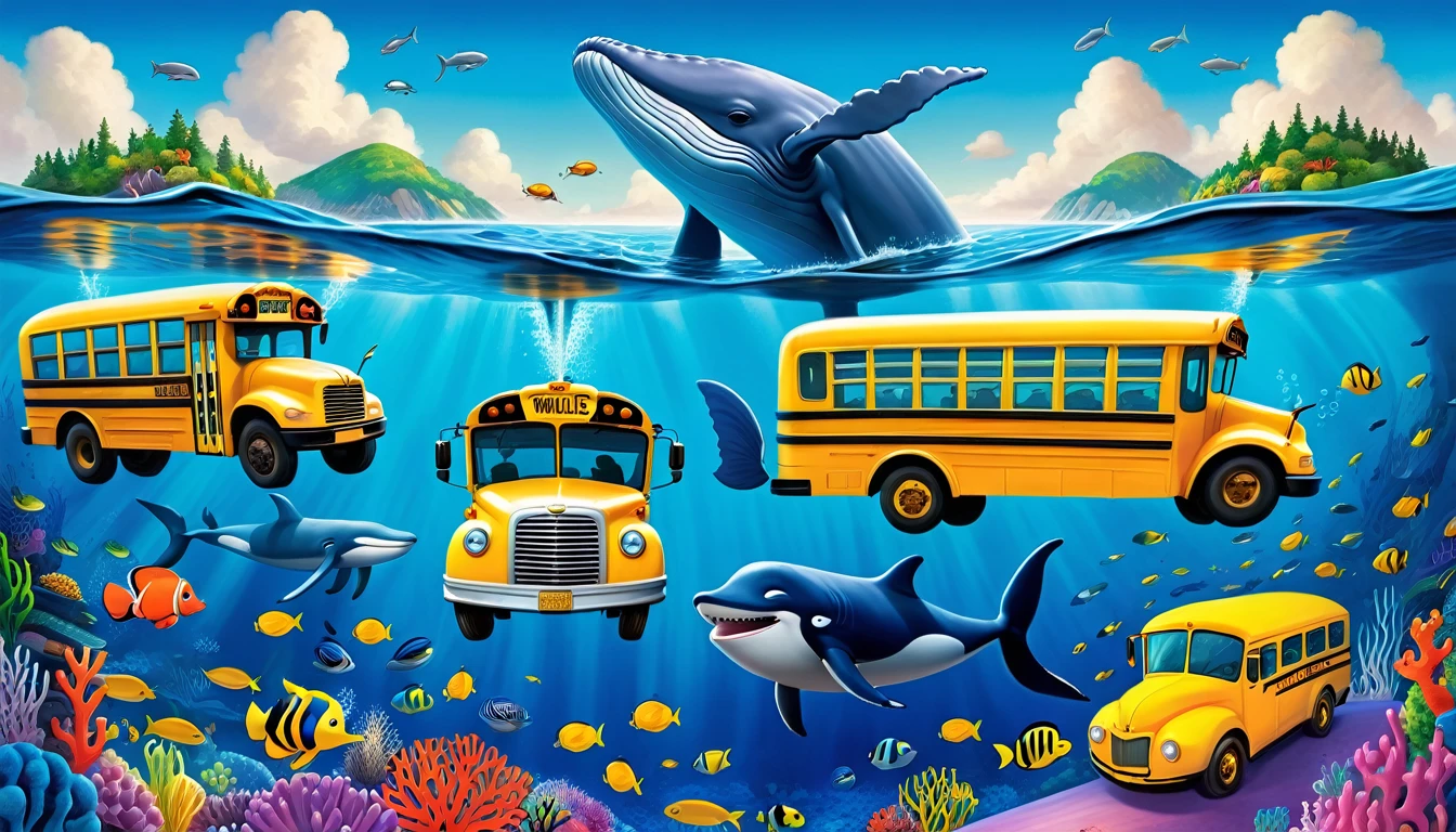 Create a 3-D Pixar style art scene for kids featuring a blue whale swimming beside three school buses for size comparison. The scene should be colorful and vibrant, with an ocean background, coral reefs, and schools of fish. The overall mood should be engaging and inviting for young children.