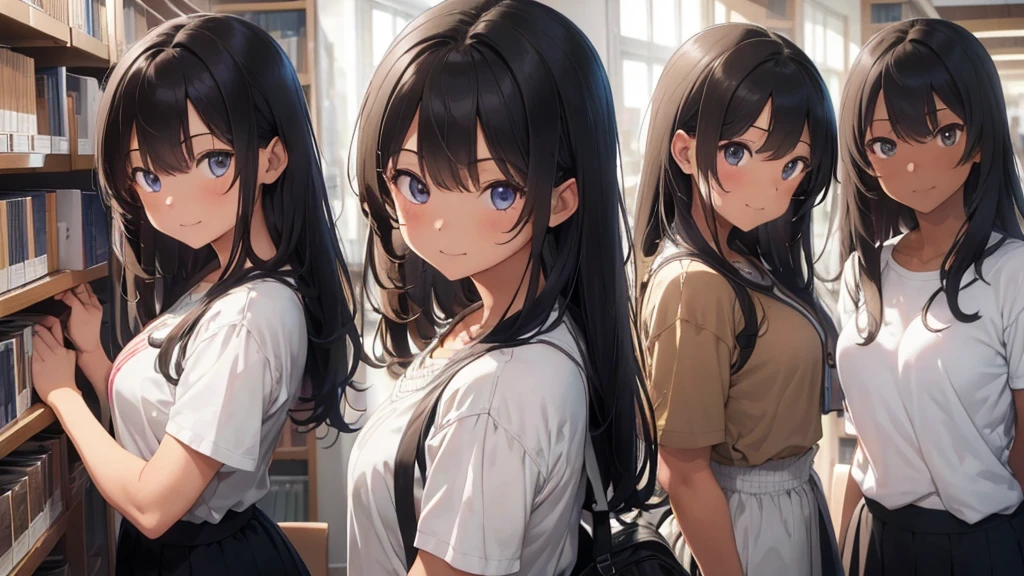(((Masterpiece, highest quality, high definition, high detail)))), (((modern))), ((Inside college library)), ((standing in library)), (((one girl))), detailed eyes, beautiful face, tomboy, student clothes, girl with dark skin, ((long black hair in a bun)), hazel eyes, blunt bangs, wearing student clothes, student skirt, blushed face, large breasts, (dark skin*0.8), (long brown + wavy hair*1.2), looking at viewer, kind look, smiling sweetly