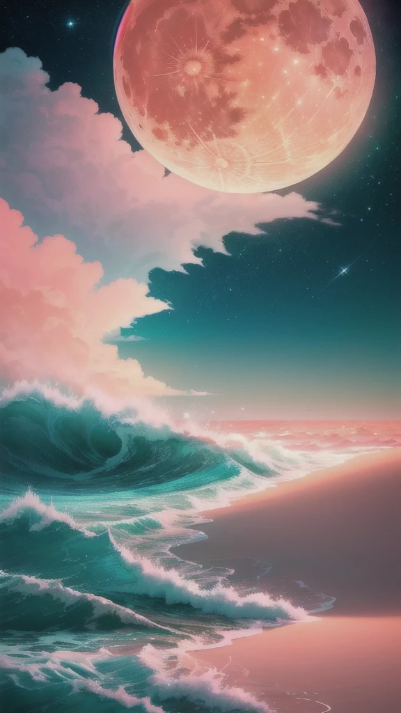 Orange moon, Blue-green sky, Soft pink clouds, teal ocean waves shiny, shiny, Pink rose on a pink ocean, fantasy, diamond, crown, universe, Soft lighting,