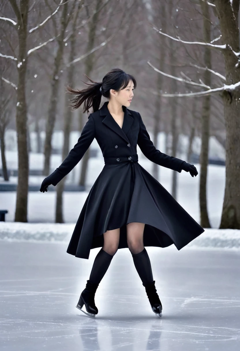 Sublime patineuse sur glace à talons hauts, femme 30ans heureuse et rayonnante, (métisse sino-japonaise)，vêtements noirs，jupe courte noir，Talons extra-hauts noirs，sublime, remarquable, Super Beau，ajuster，Abdos minces，cheveux longs，grande taille，Beau，tir de tout le corps，Clothes are slim-ajusterting，lignes douces，La courbe est évidente，Longues jambes，jambes fines，Porter une queue de cheval haute et longue，tresser，pause dynamique, sur une patinoire en extérieur,  magnifique ciel ensoleillé en hiver 