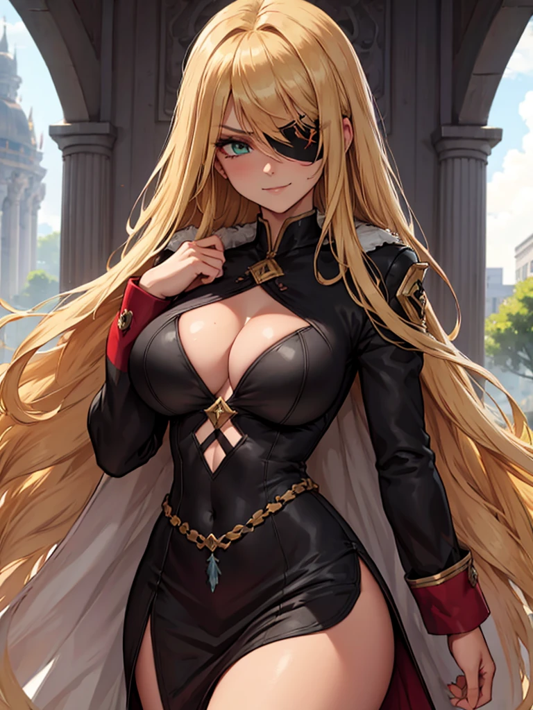 ((masterpiece)), ((best quality)), 1girl, adult, long hair, ((blonde hair)), very long blonde hair, ((intimidant look)), ((close-up)), profile image, green eyes, black and red clothes, sexy, dark colors, brillant eyes, ((coat with fur)), ((wavy hair)), exposed skin, ((sexy pose)), ((intimidant look)), good anatomy, ((dark sage clothes)), ((straight cut bangs)), emotionless, intimidant, ((beautiful eyes)), close up, ((detailed eyes)), beautiful eyes, ((detailed face)), hair bang, frontal look, evil, relaxed, smile, magical goddess othinus, detailed face, eyepatch, full body, ((detailed))