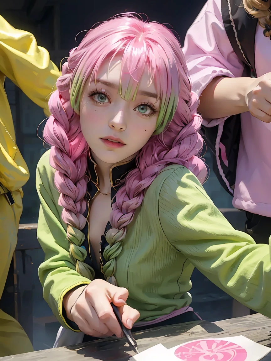 Kanroji_Mitsuri、1 girl (dominate peace、) (the highest quality)(shiny hair)(shiny skin)、(gradation fur、green、pink hair、braids:1.2)、,dynamic pose 🦋✨️❤️💜💗✨️