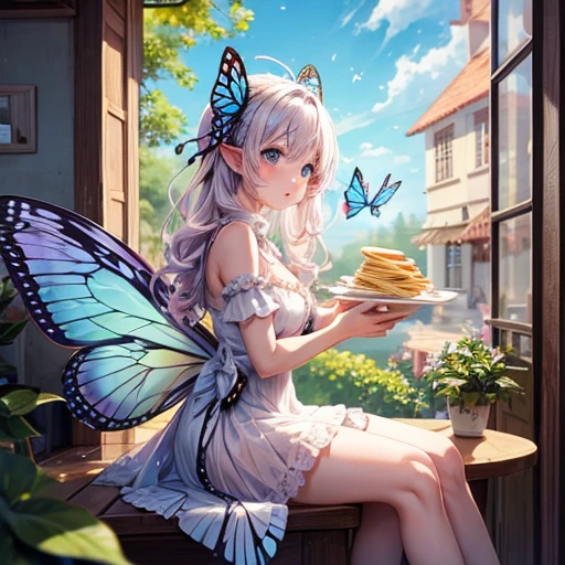 A fairy with butterfly wings eating a crepe