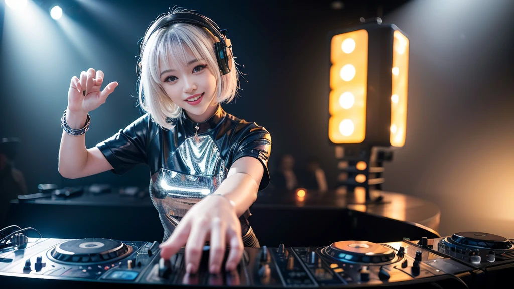 (ultra - detailed, 16K resolution, Cinema lenses, rendering by octane), (high resolution:1.18), intricate detail, (masterpiece:1.1), (highest quality:1.1), (1girl, portrait, white hair, blue eyes, short hair, detailed eyes),Wearing silver DJ headphones, Shiny silver sequined T-shirt, (Iconic hip-hop pop costumes:1.3), Smile while DJing on stage, full body shot of, The spotlight shines on the female DJ. Photorealistic photography by Disco Lighting, (cute round face:1.3), perfect fingers, five fingers, beautiful hands, perfect hands. master peace, cute smile.