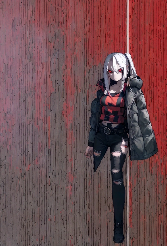 a menacing girl with white hair and red eyes, wearing distressed blue jeans, a black and red striped t-shirt, and a green coat, posing against a Red background, menacing look, (best quality,4k,8k,highres,masterpiece:1.2),ultra-detailed, dark fantasy