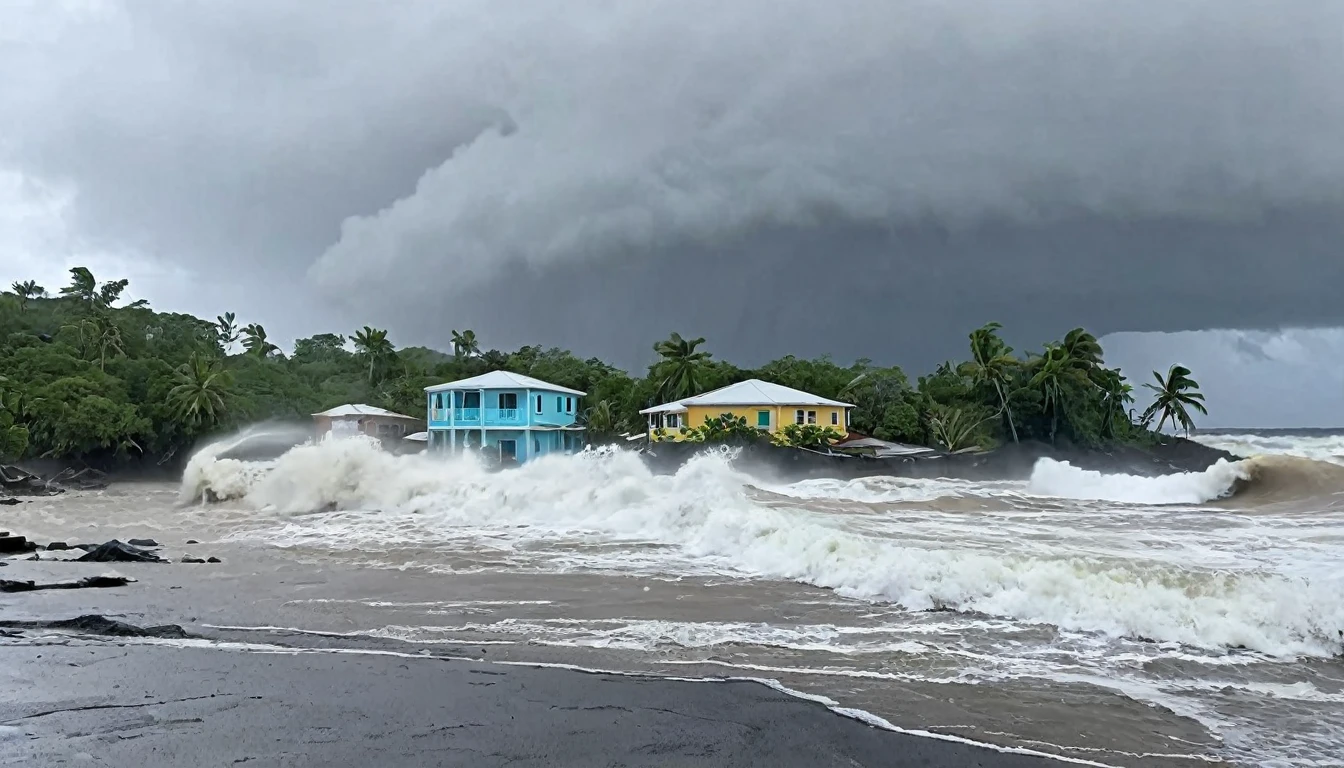 Hurricane with winds of 215 km/h hits Caribbean island causing high tide, floods and landslides and roofing of houses