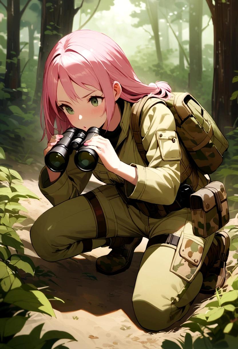 reconnoiter、in the forest、camouflage、Pink Hair、crawling、Holding binoculars in hand