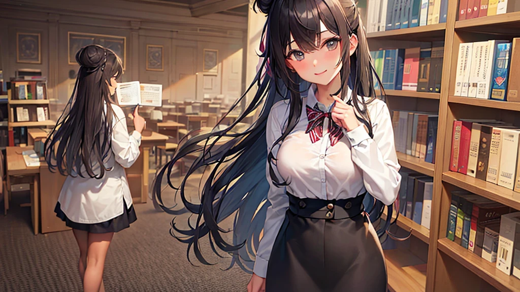 (((Masterpiece, highest quality, high definition, high detail)))), (((modern))), ((Inside college library)), ((standing in library)), (((one girl))), detailed eyes, beautiful face, tomboy, student clothes, girl with dark skin, ((long black hair in a bun)), hazel eyes, blunt bangs, wearing student clothes, student skirt, blushed face, large breasts, (dark skin*0.8), (long brown + wavy hair*1.2), looking at viewer, kind look, smiling sweetly